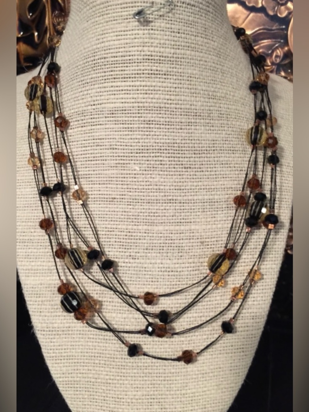 Black and Brown Multi-Strand Beaded Necklace